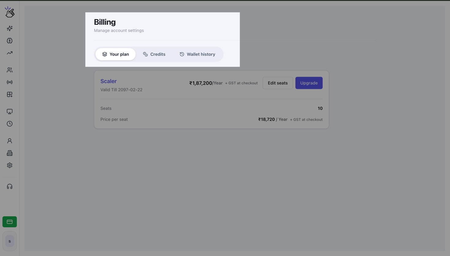 Eazybe Billing page showing the Your plan, Credits, and Wallet history tabs with current plan and seat details