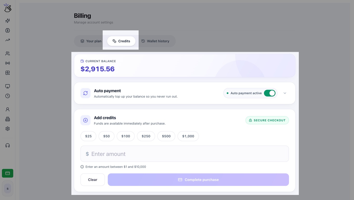Eazybe Credits tab showing the current USD balance, active Auto payment, quick credit amounts, custom amount field, and Complete purchase button