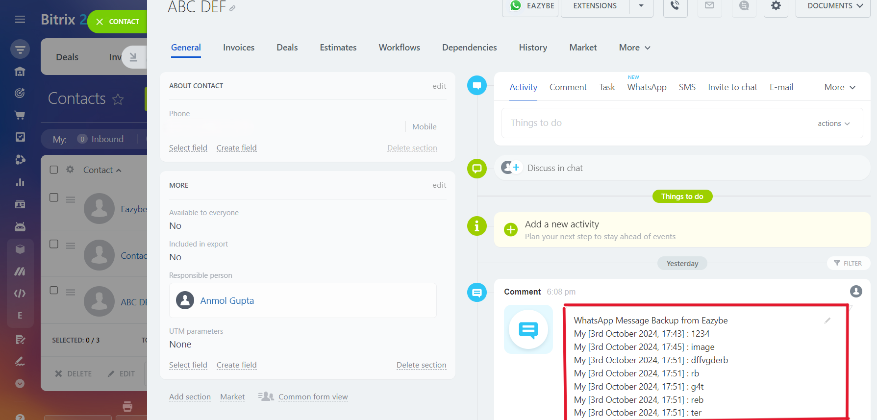 Chat backup in Bitrix Contact page