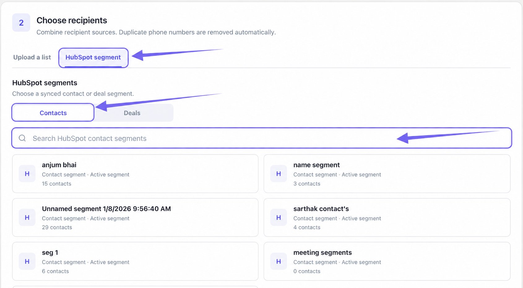 HubSpot segment tab, Contacts tab, and contact-segment search highlighted with violet arrows