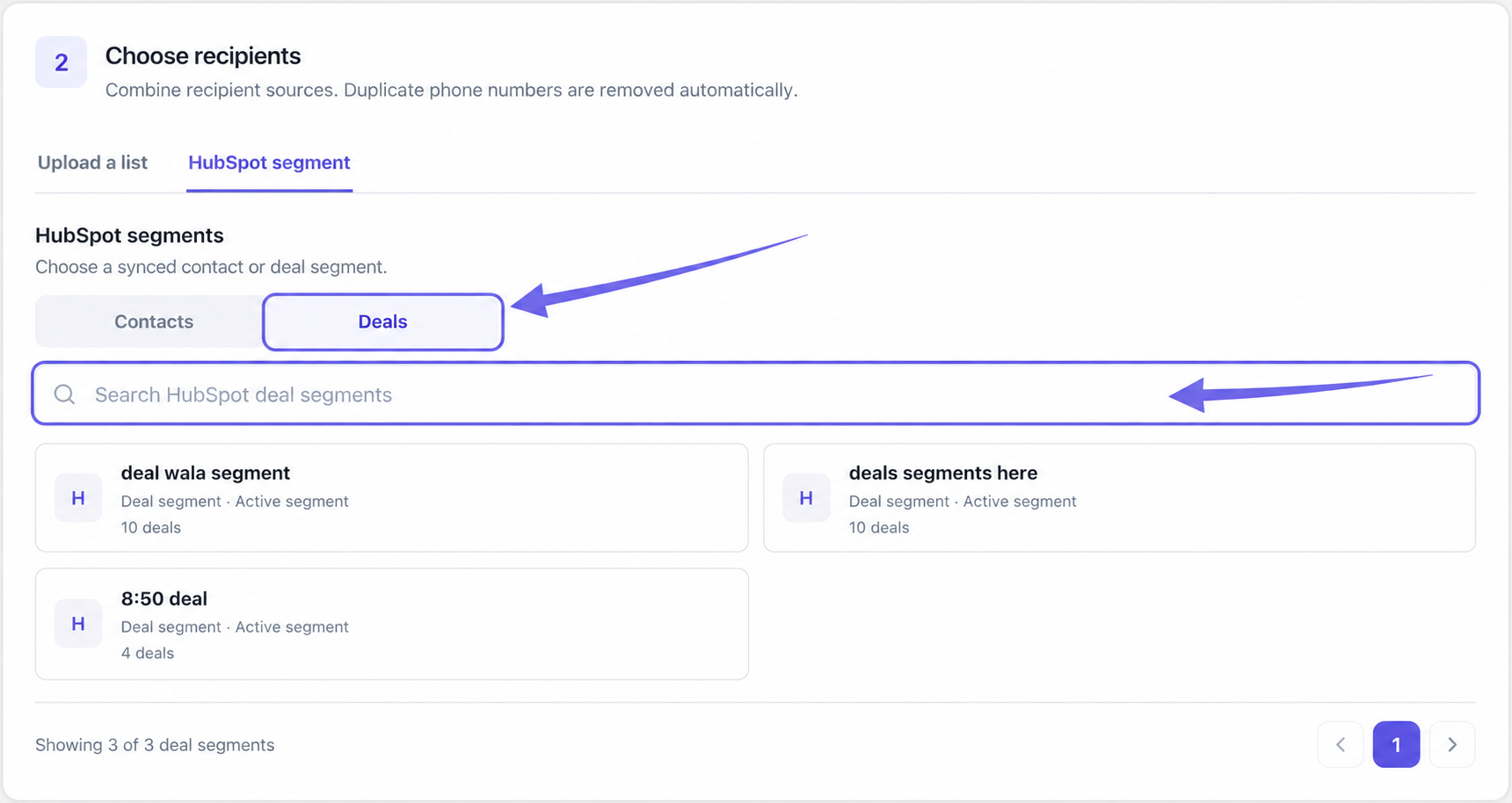 Deals tab and Search HubSpot deal segments highlighted above cards showing deal counts