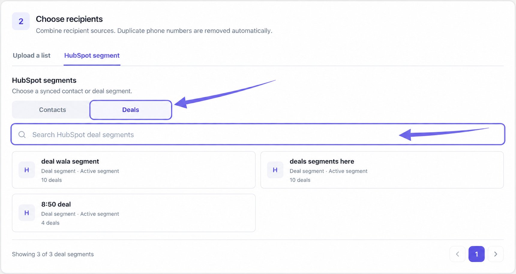 Deals tab and Search HubSpot deal segments highlighted above cards showing deal counts