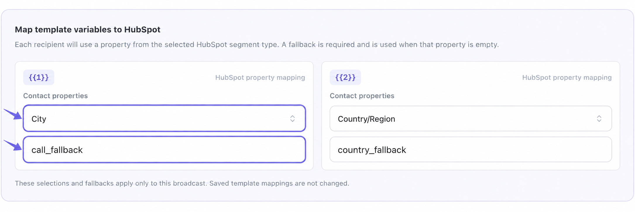 HubSpot template variables mapped to City and Country/Region with example fallback values