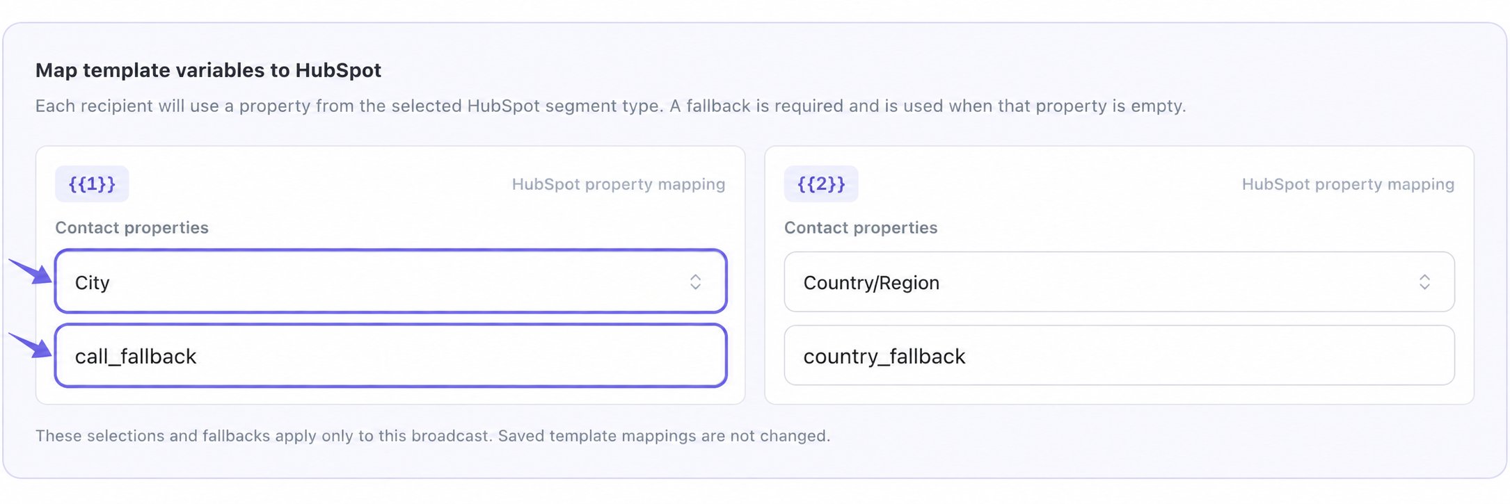 HubSpot template variables mapped to City and Country/Region with example fallback values
