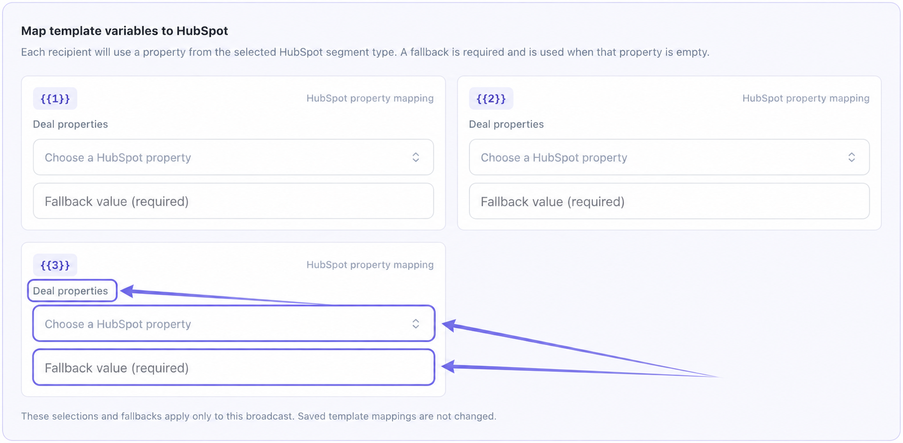 Three workspace template variables with Deal properties, property pickers, and required fallback fields highlighted in violet