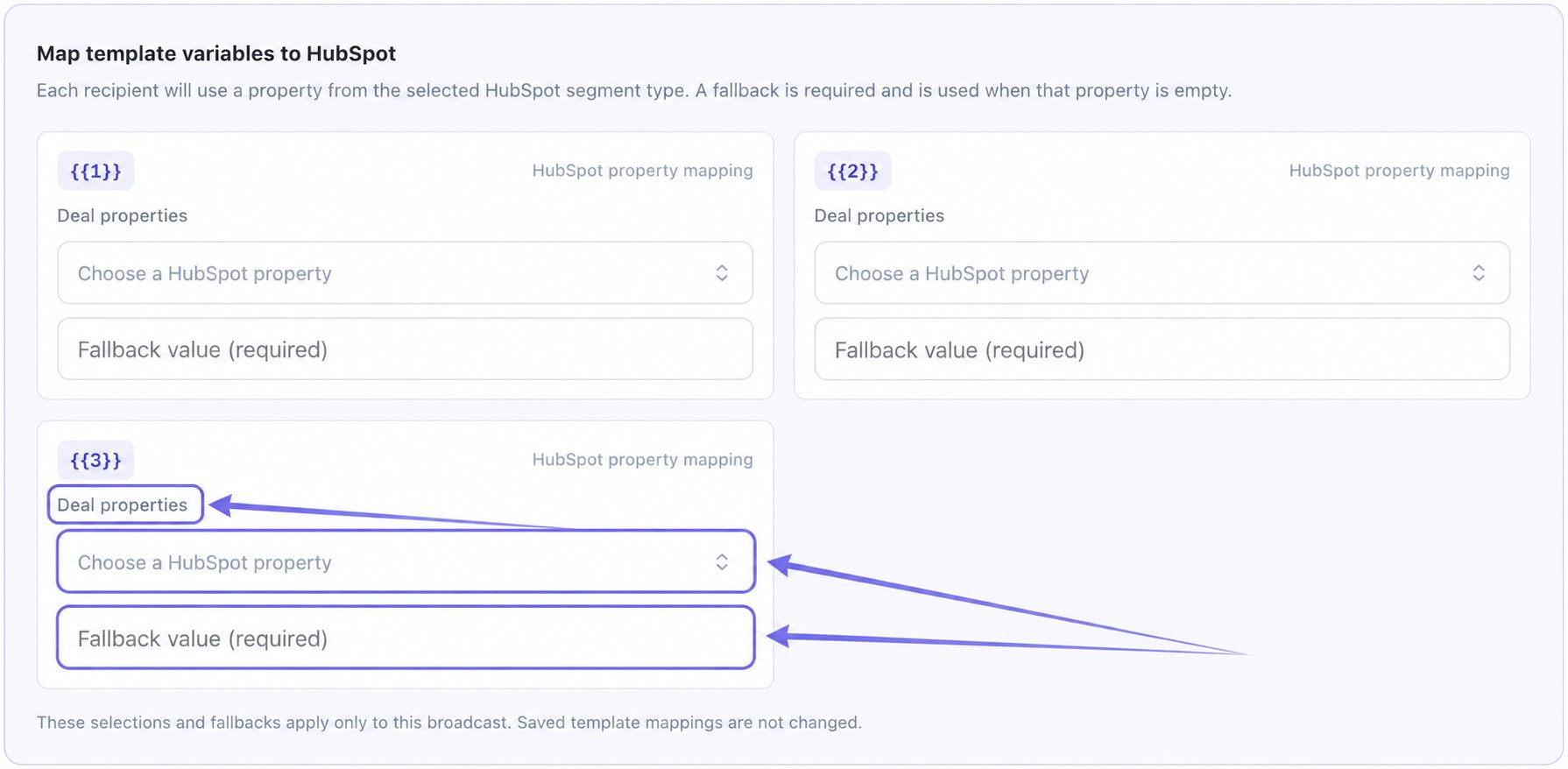 Three workspace template variables with Deal properties, property pickers, and required fallback fields highlighted in violet
