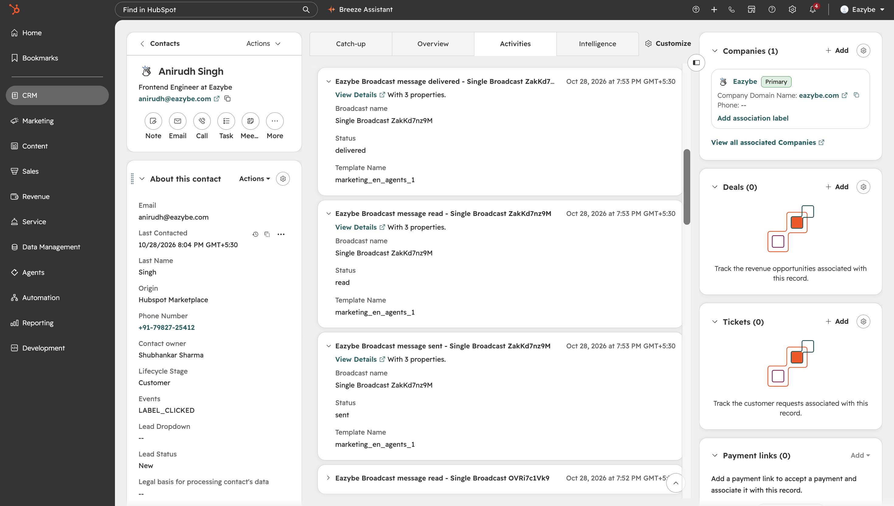 Expanded Eazybe broadcast events showing delivered, read, and sent statuses with broadcast and template names