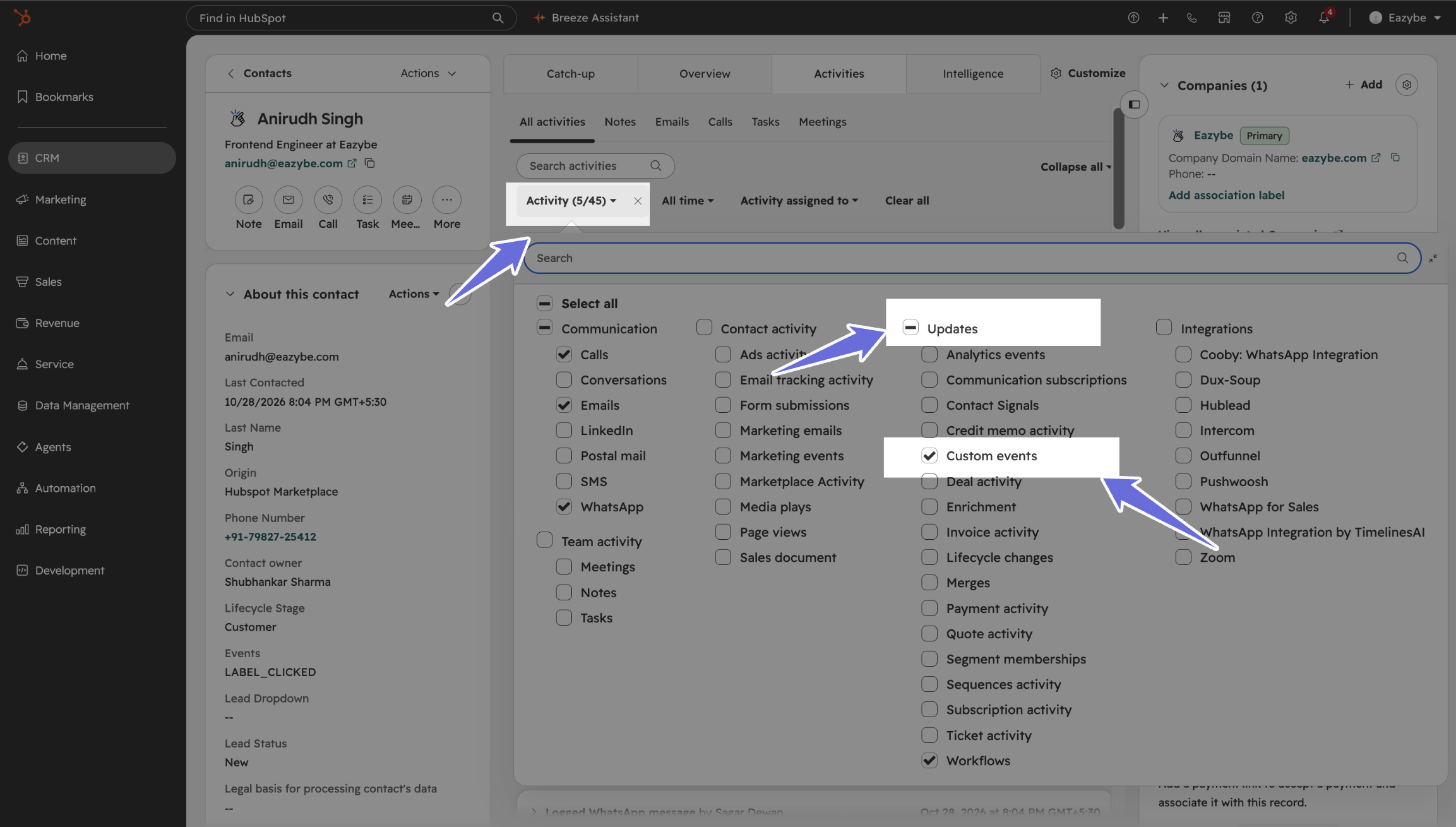 HubSpot activity filter showing Custom events selected under Updates