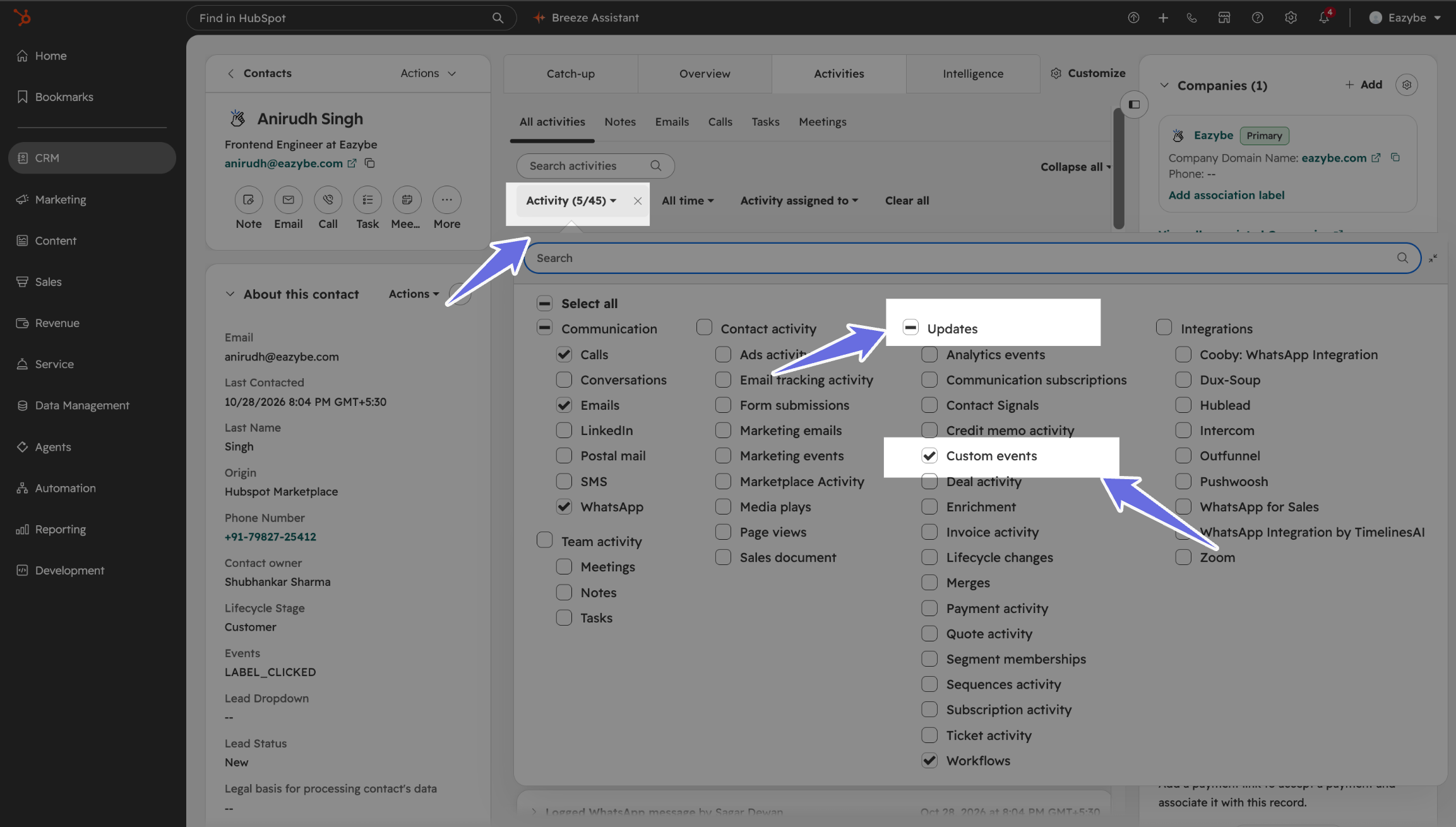 HubSpot activity filter showing Custom events selected under Updates