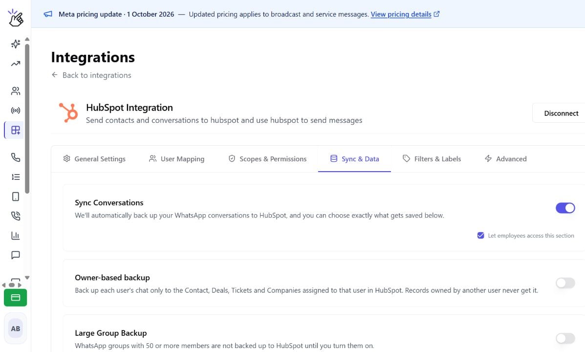 Owner-based backup in the HubSpot Sync & Data tab