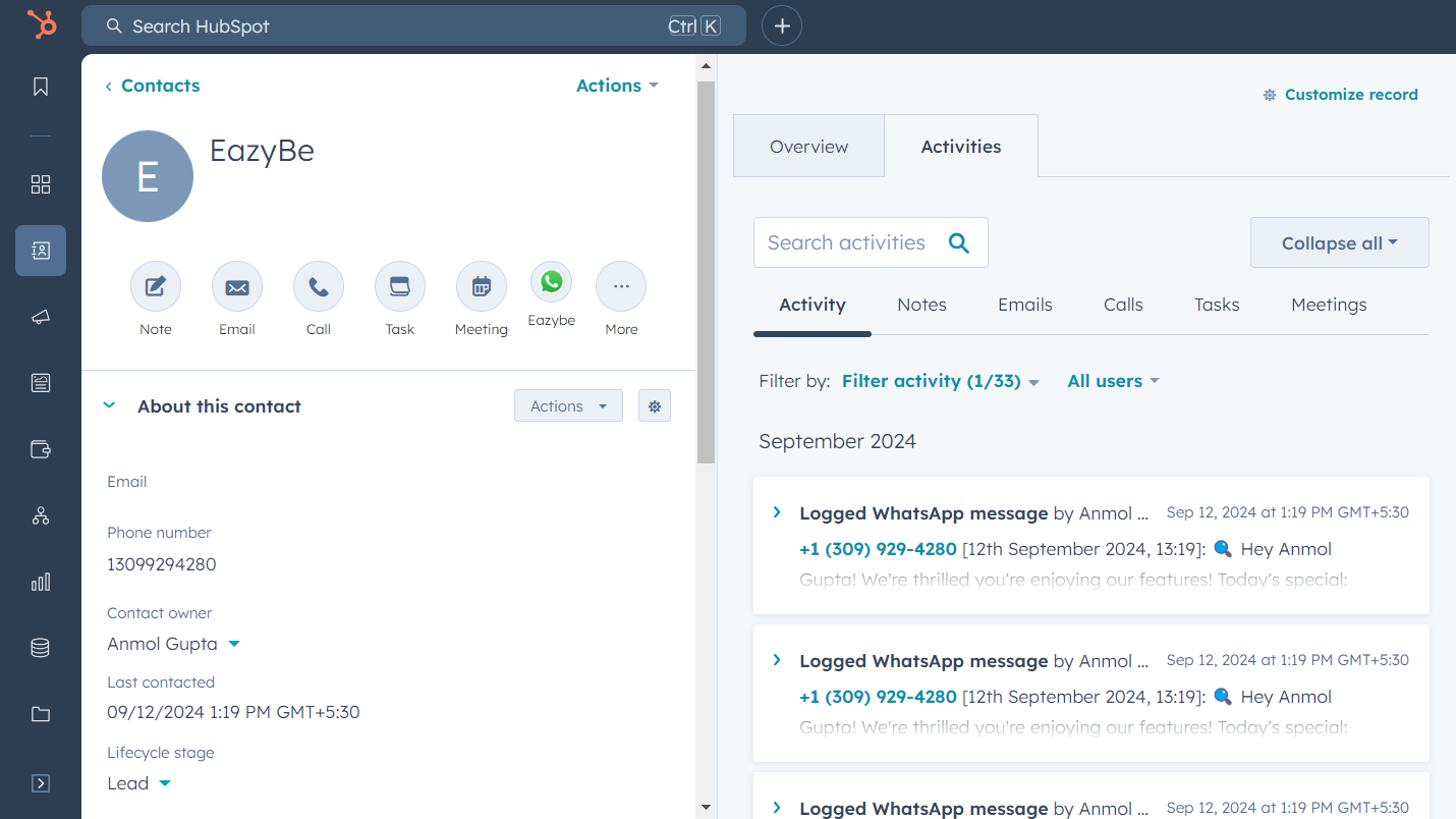 WhatsApp Activity section on HubSpot Contact Page