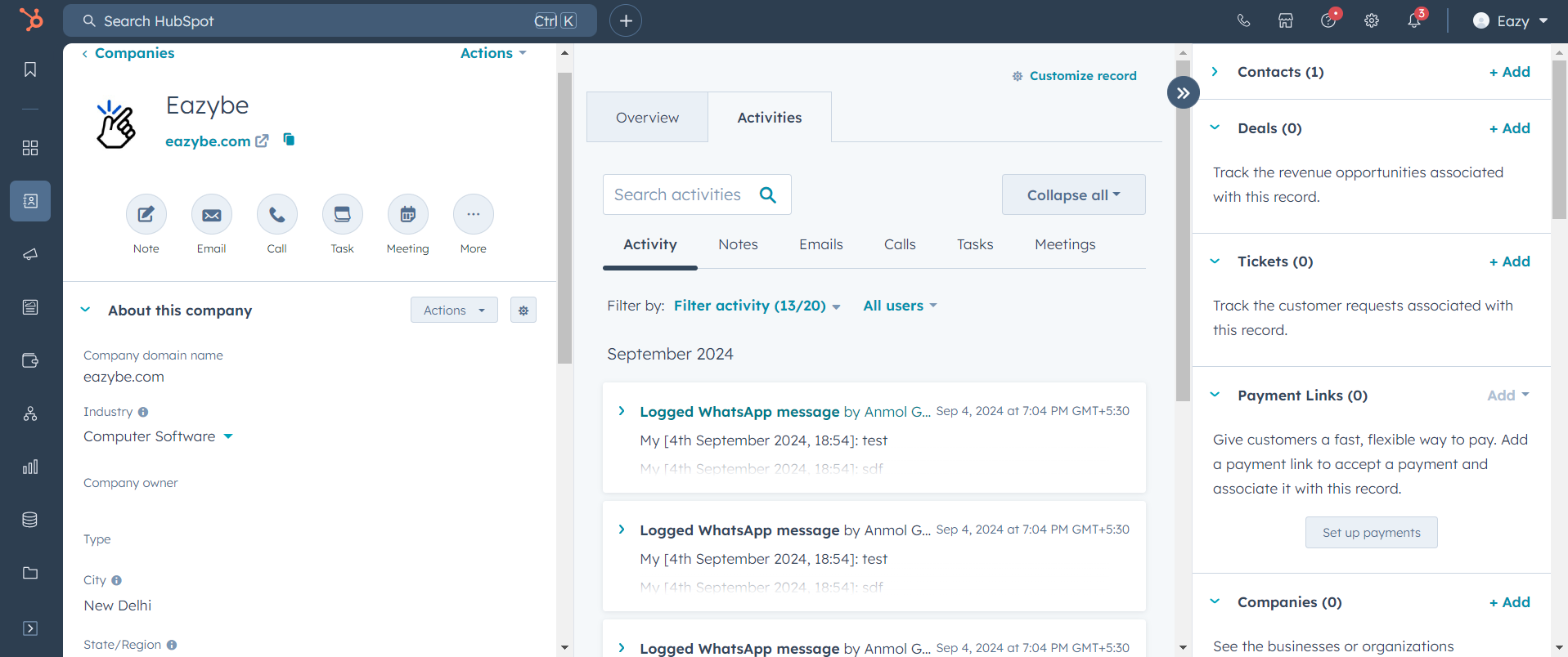 Chat backup on HubSpot Company Page