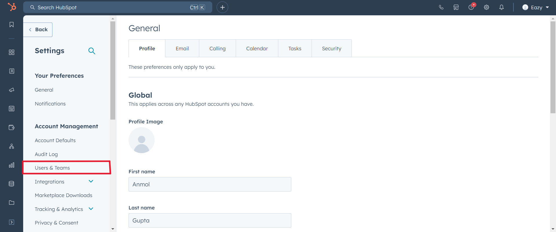 Users and Teams Section
