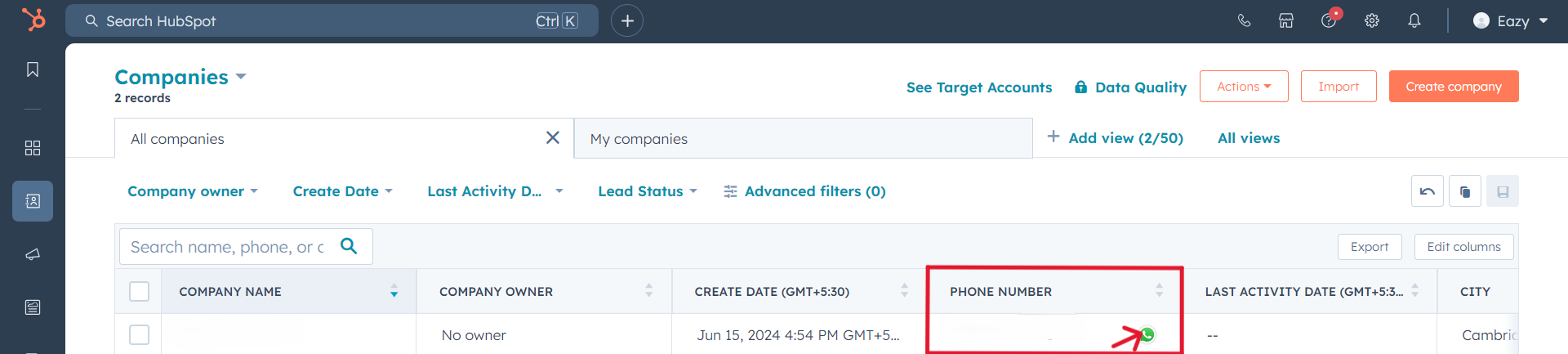 WhatsApp Button on Companies Page
