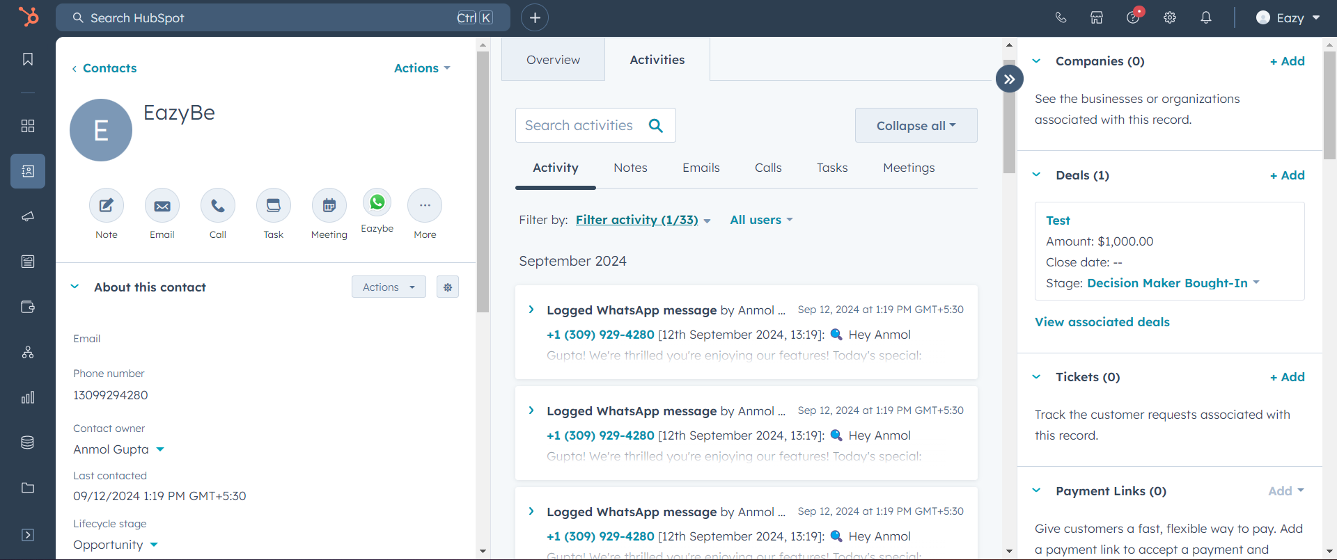 WhatsApp Activity in HubSpot