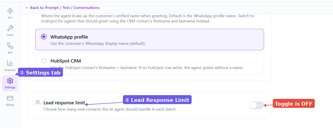 Limite de Resposta a Leads nas Configurações do Agente