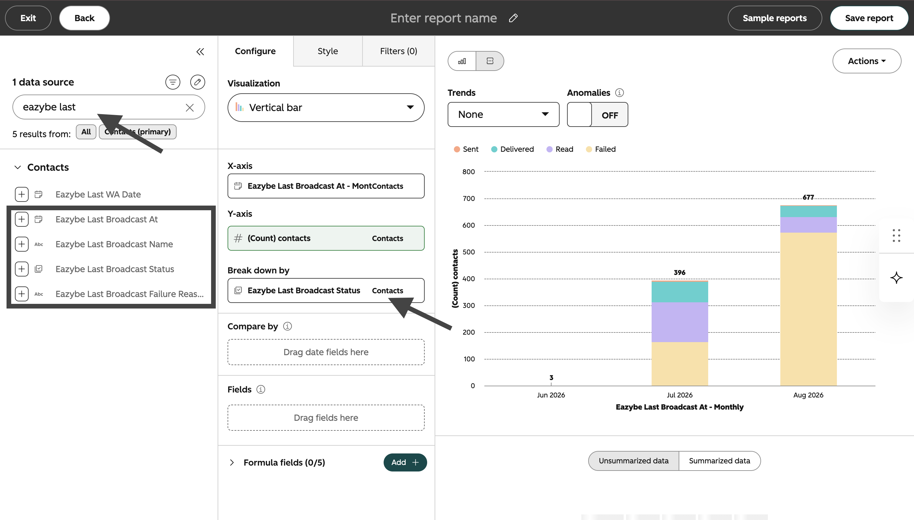 Generador de informes de HubSpot con Eazybe Last Broadcast Status configurado como desglose del gráfico