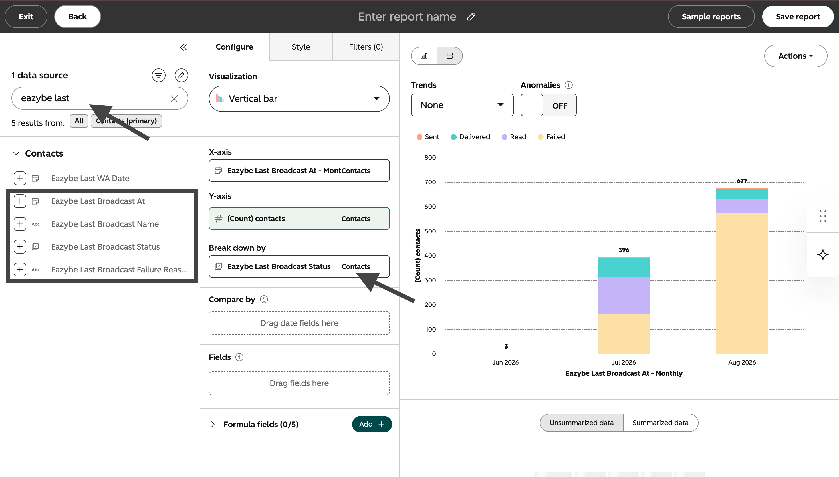 HubSpot custom report builder with Eazybe Last Broadcast Status configured as the chart breakdown