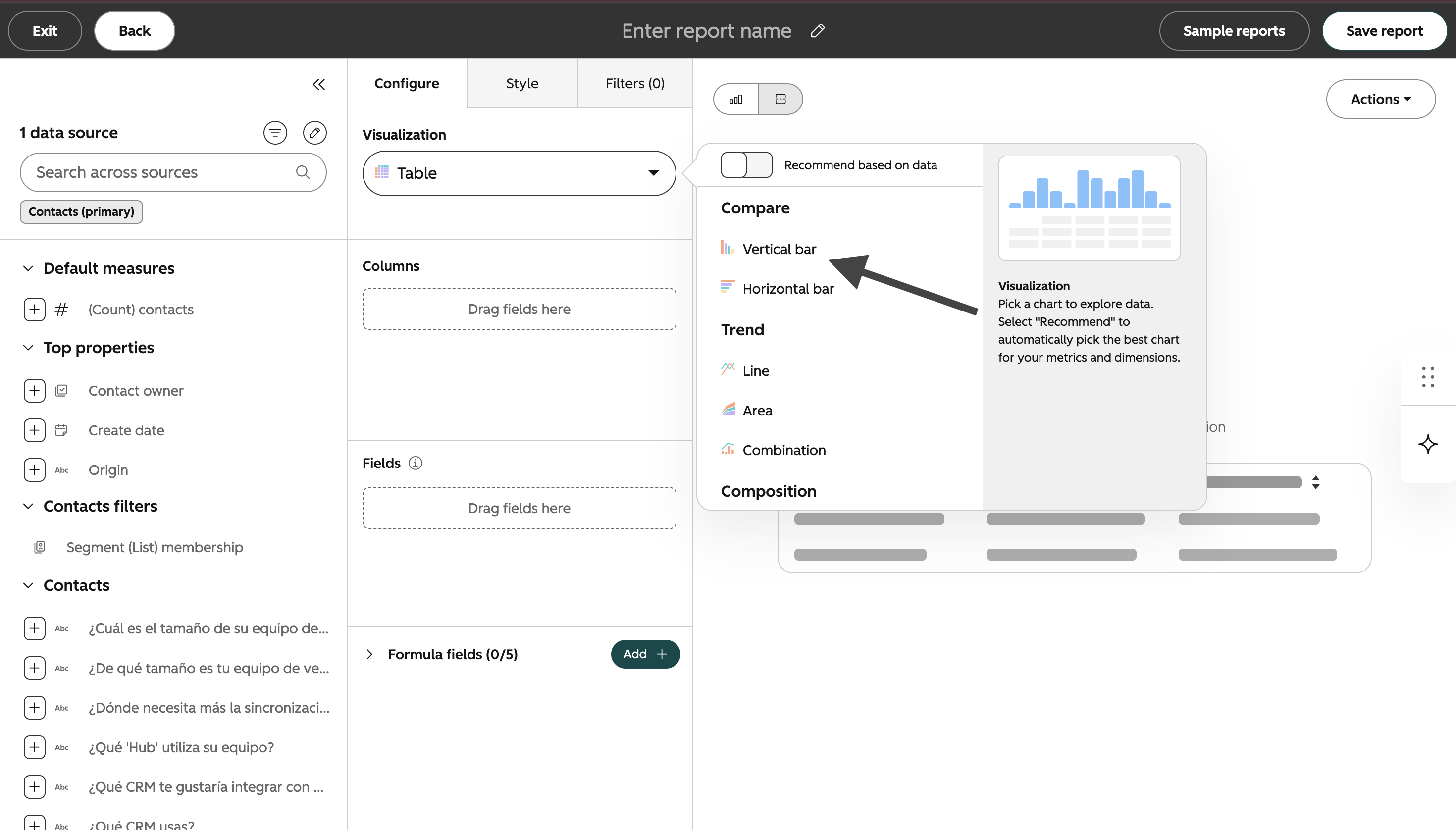 Generador de informes de HubSpot con el menú Visualization abierto y Vertical bar resaltado