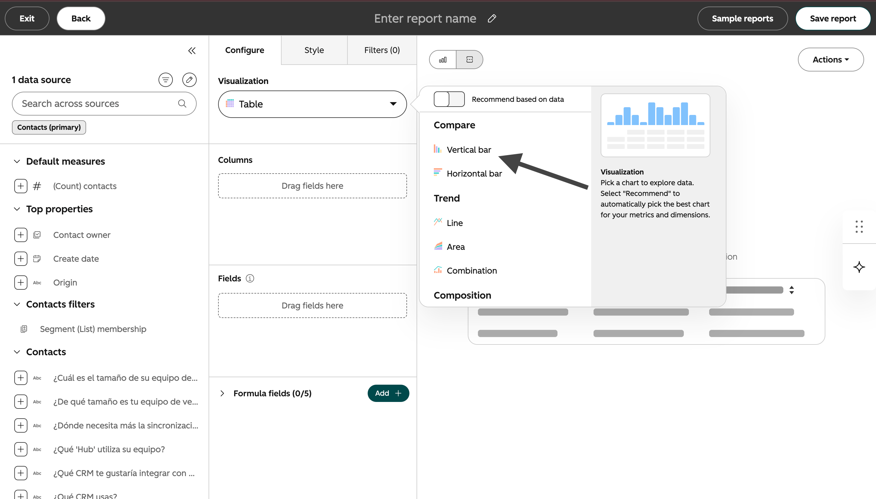 HubSpot custom report builder with the Visualization menu open and Vertical bar highlighted