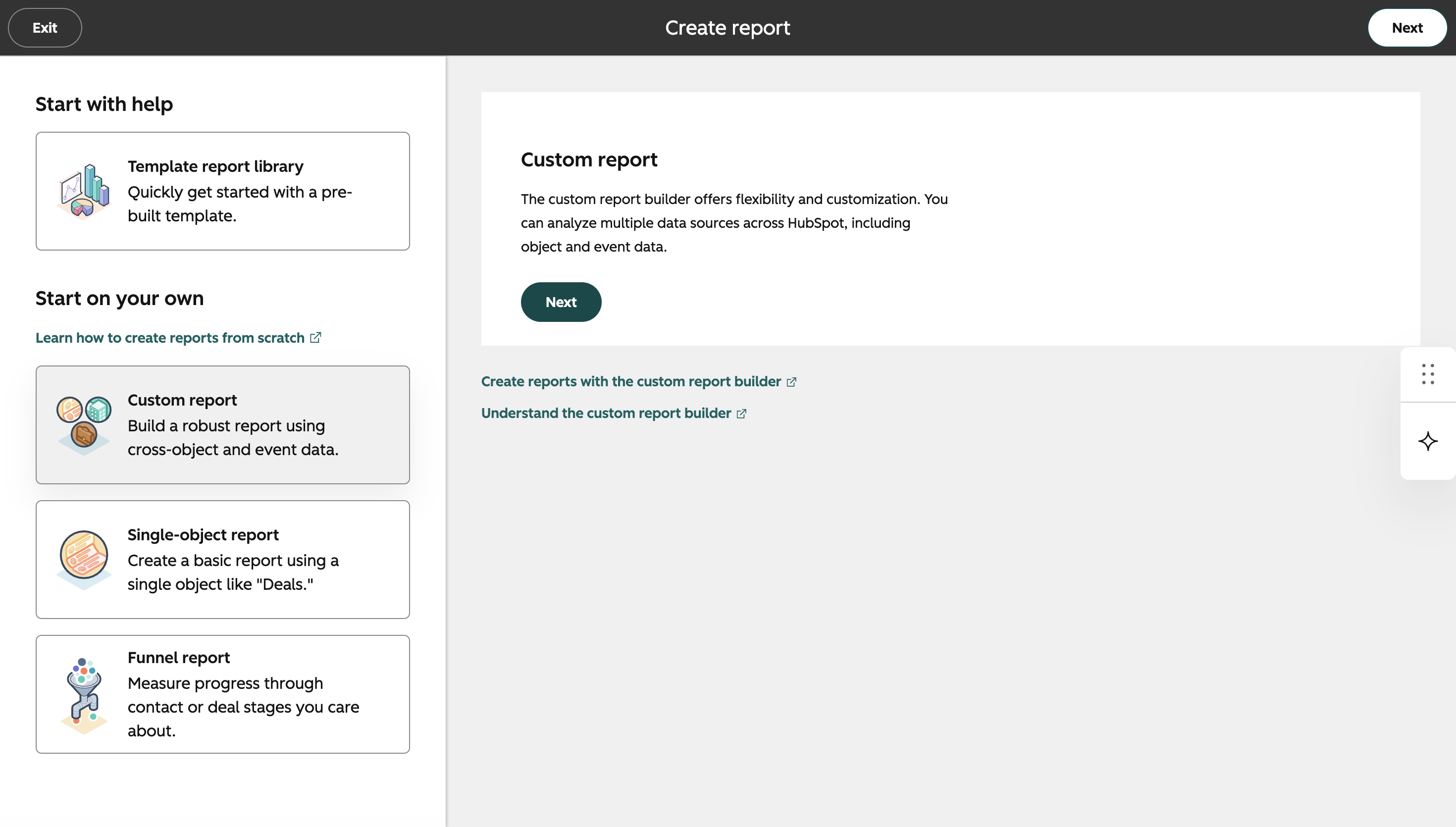 Página Create report de HubSpot con la opción Custom report seleccionada