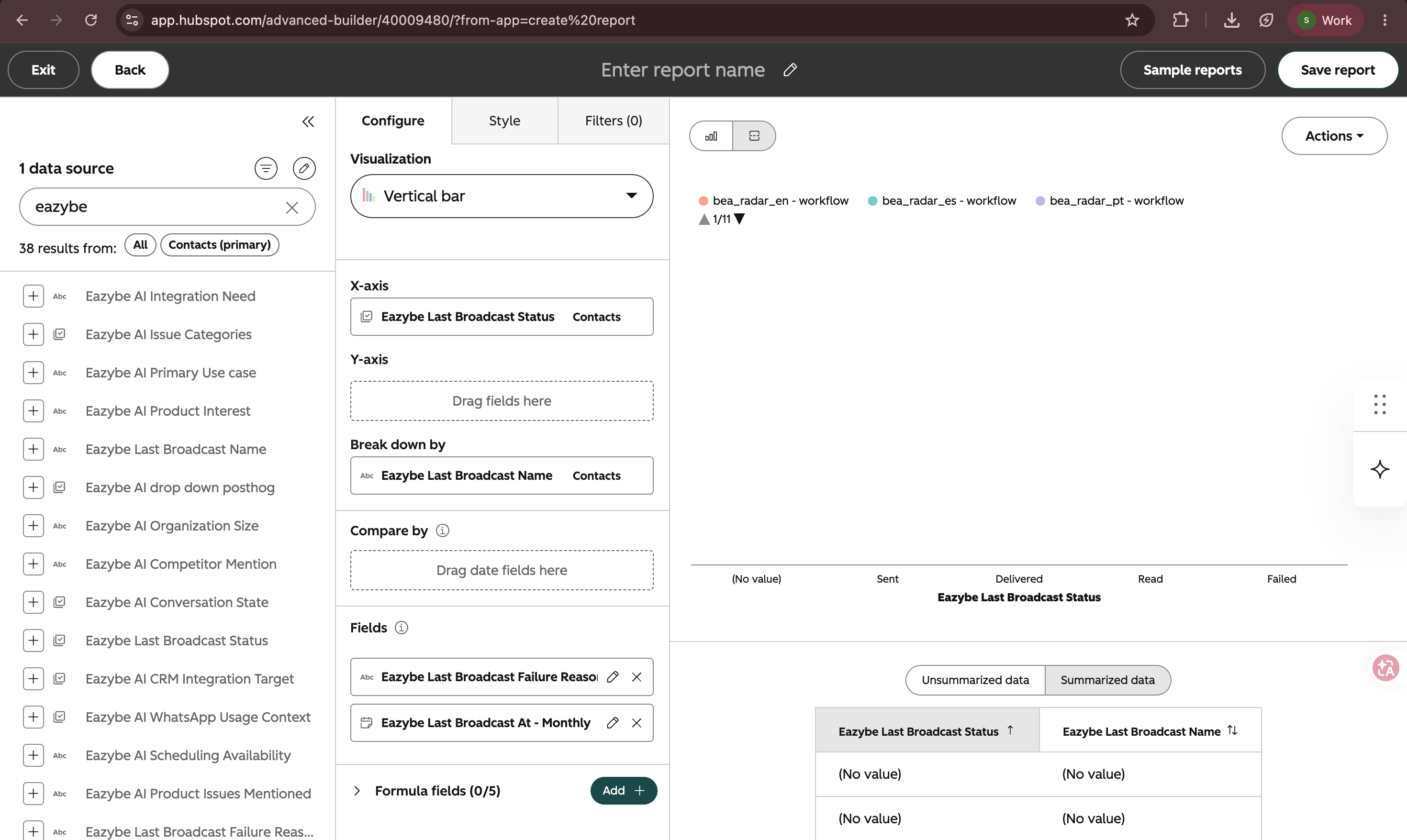 Generador de informes personalizados de HubSpot con las propiedades de difusión de Eazybe
