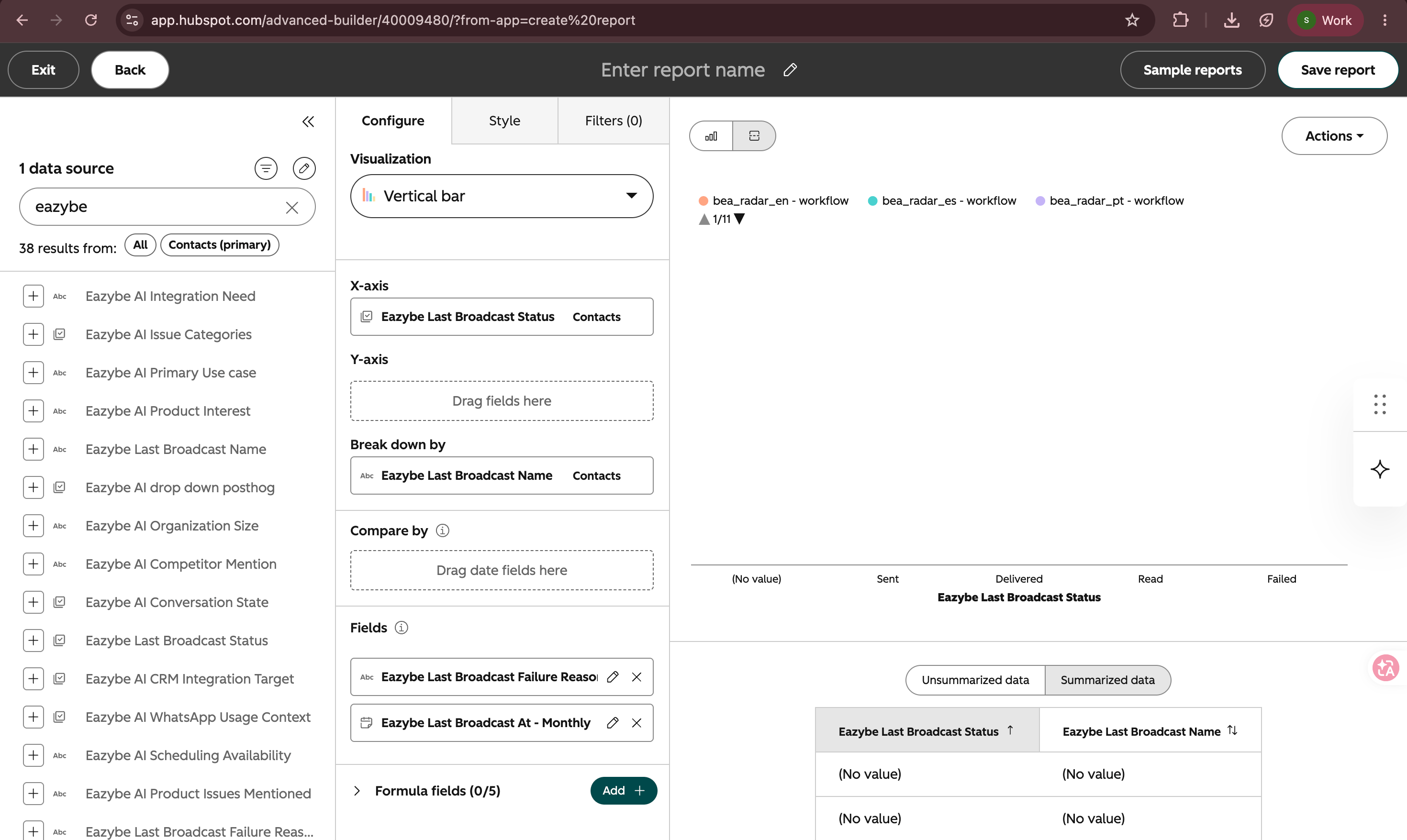 HubSpot custom report builder showing Eazybe broadcast properties