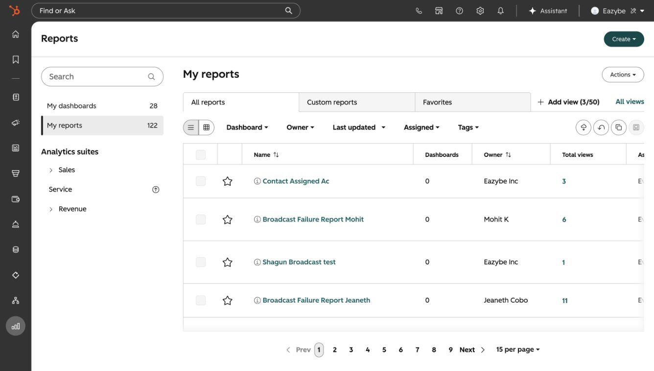 Página de Reportes de HubSpot con el botón Create