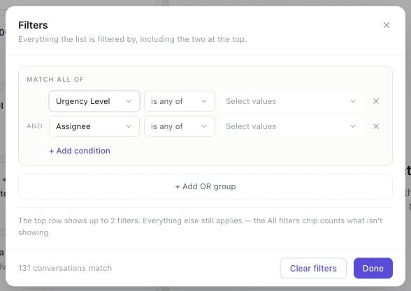 All filters editor with the Urgency Level AI property selected