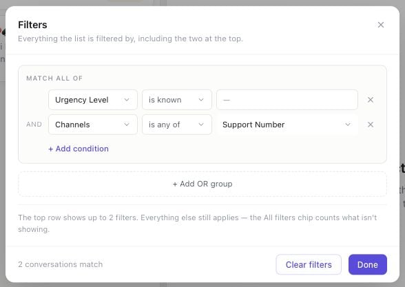 Applied Urgency Level and Channels filters with two matching conversations