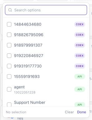 Channels filter showing COEX and API WhatsApp numbers