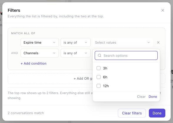 Expire time filter with 3h, 6h, and 12h choices