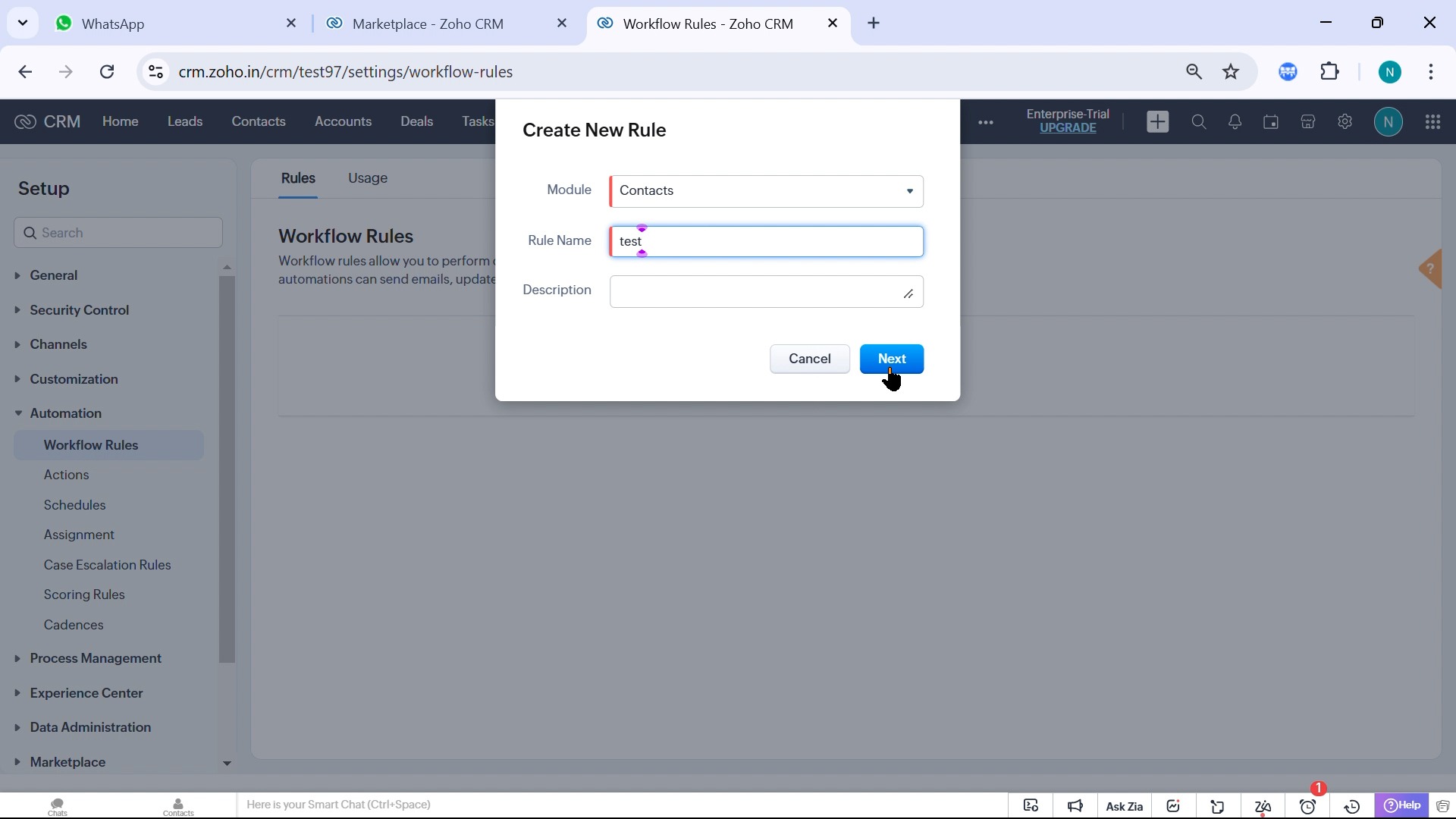 Create New Rule window with Module and Rule Name fields
