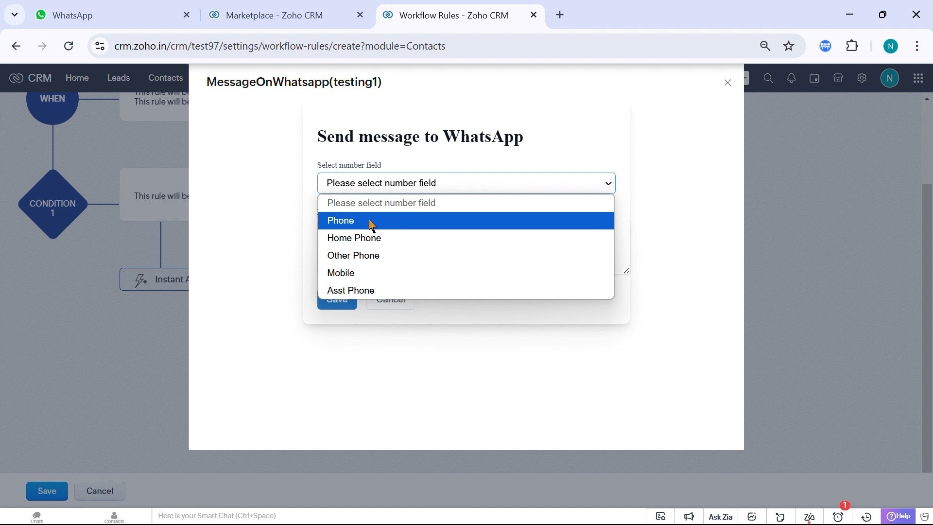 Send message to WhatsApp window with the recipient number field options