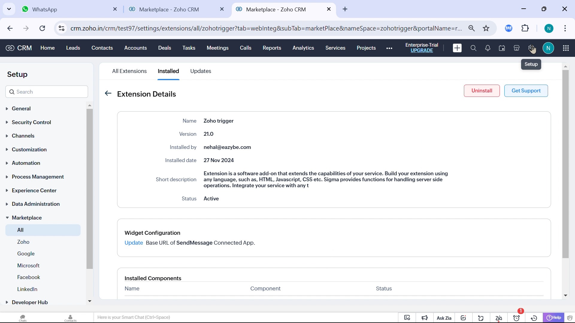 Zoho trigger extension details showing an active status
