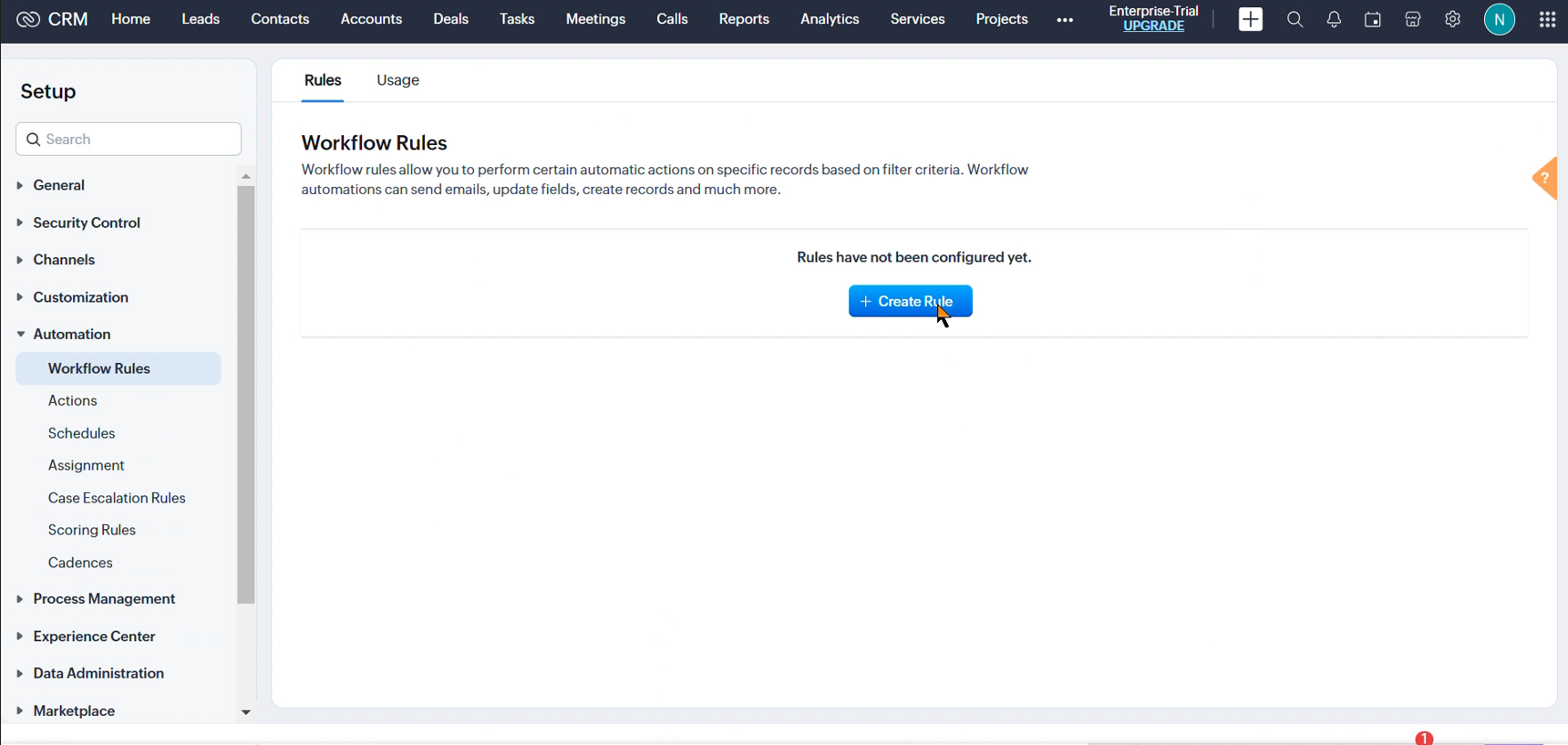 Zoho CRM Workflow Rules page with the Create Rule button