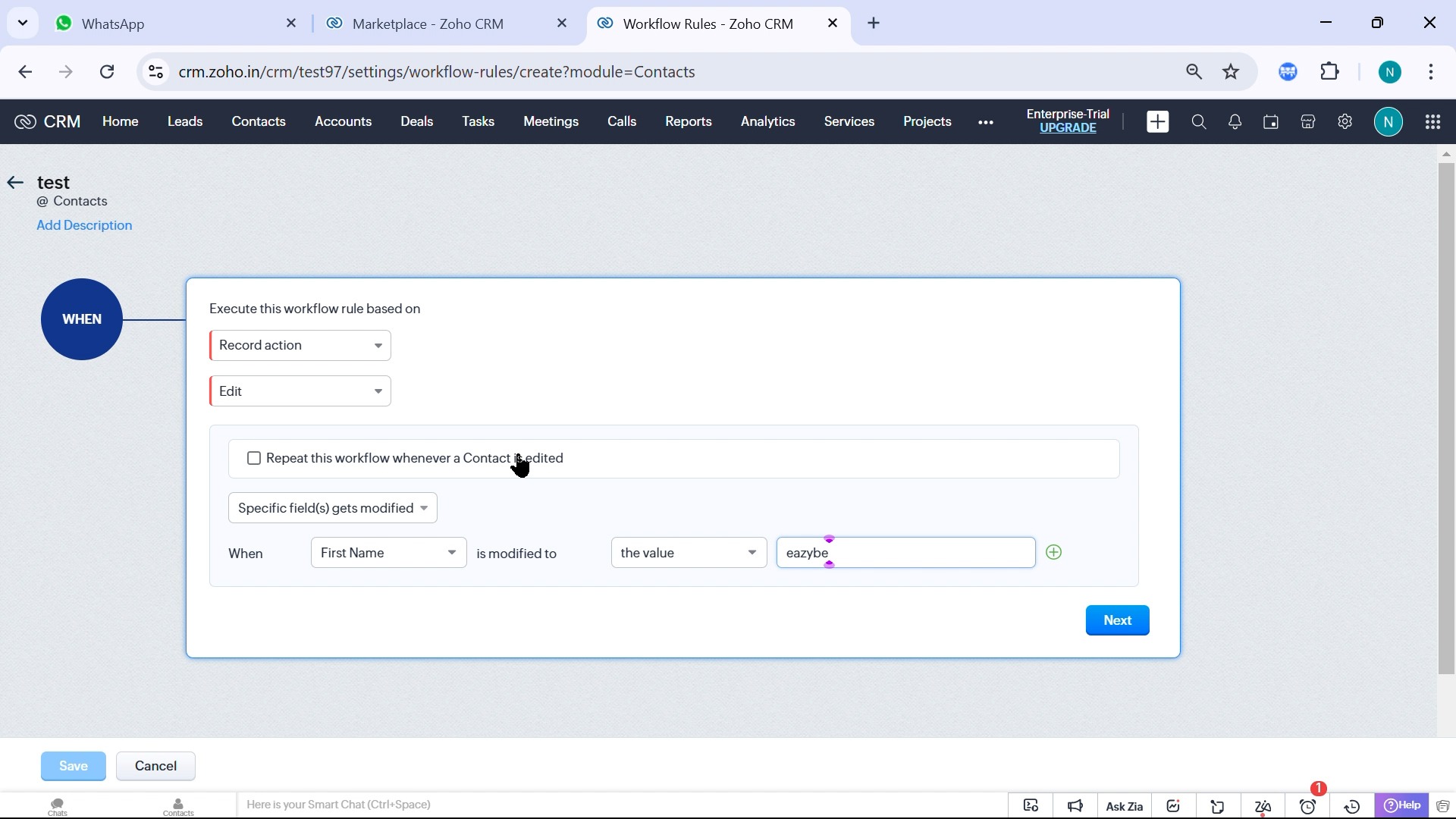 Zoho workflow trigger configured for a record action