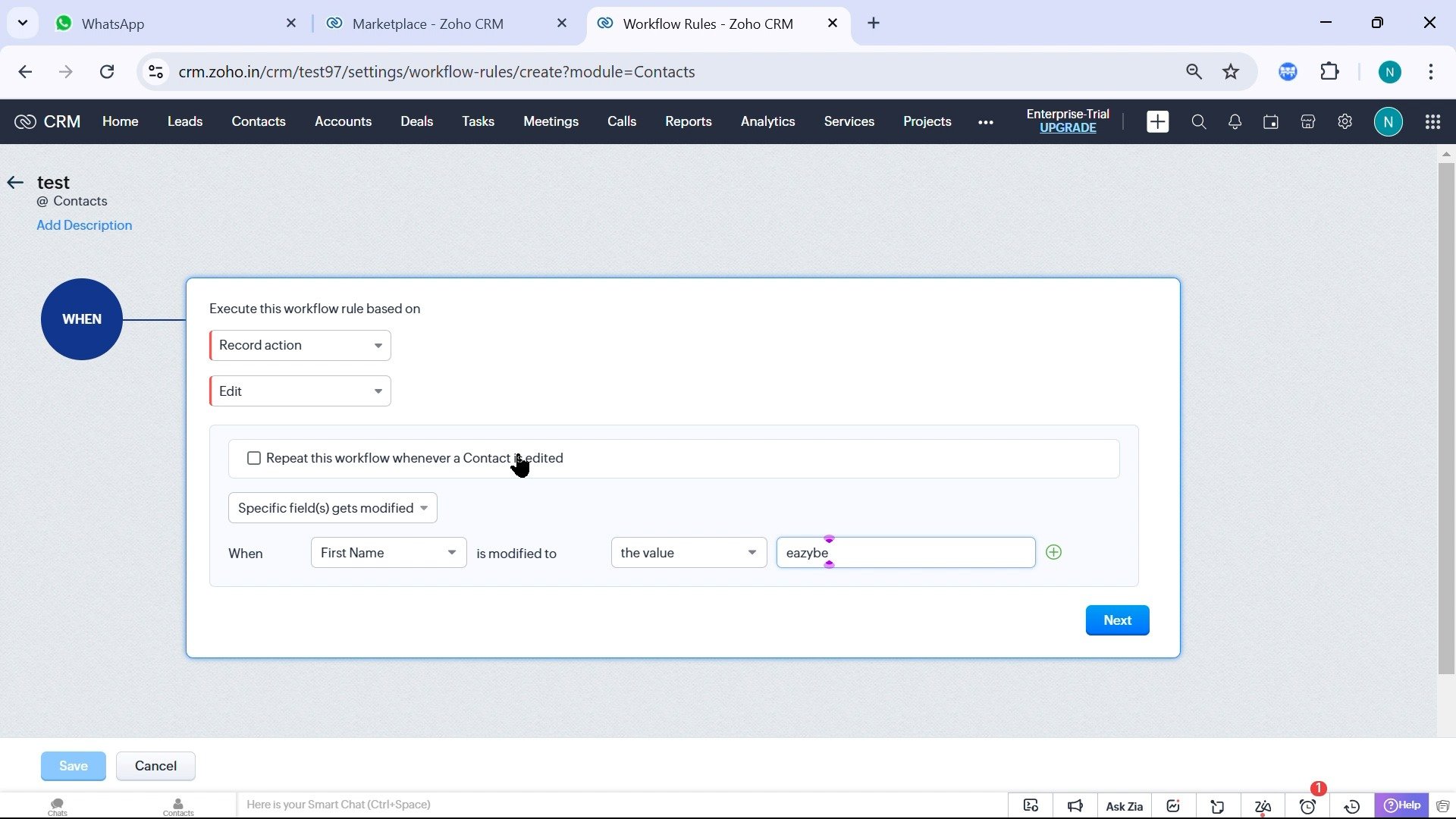 Zoho workflow trigger configured for a record action