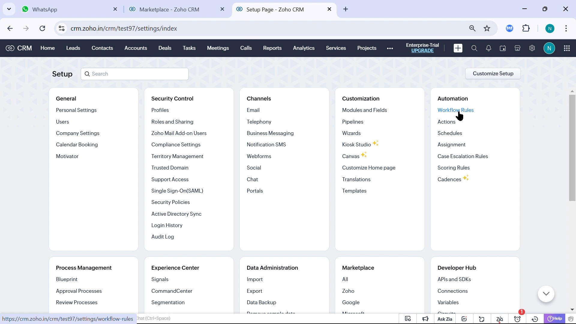 Zoho CRM Setup page with Workflow Rules under Automation