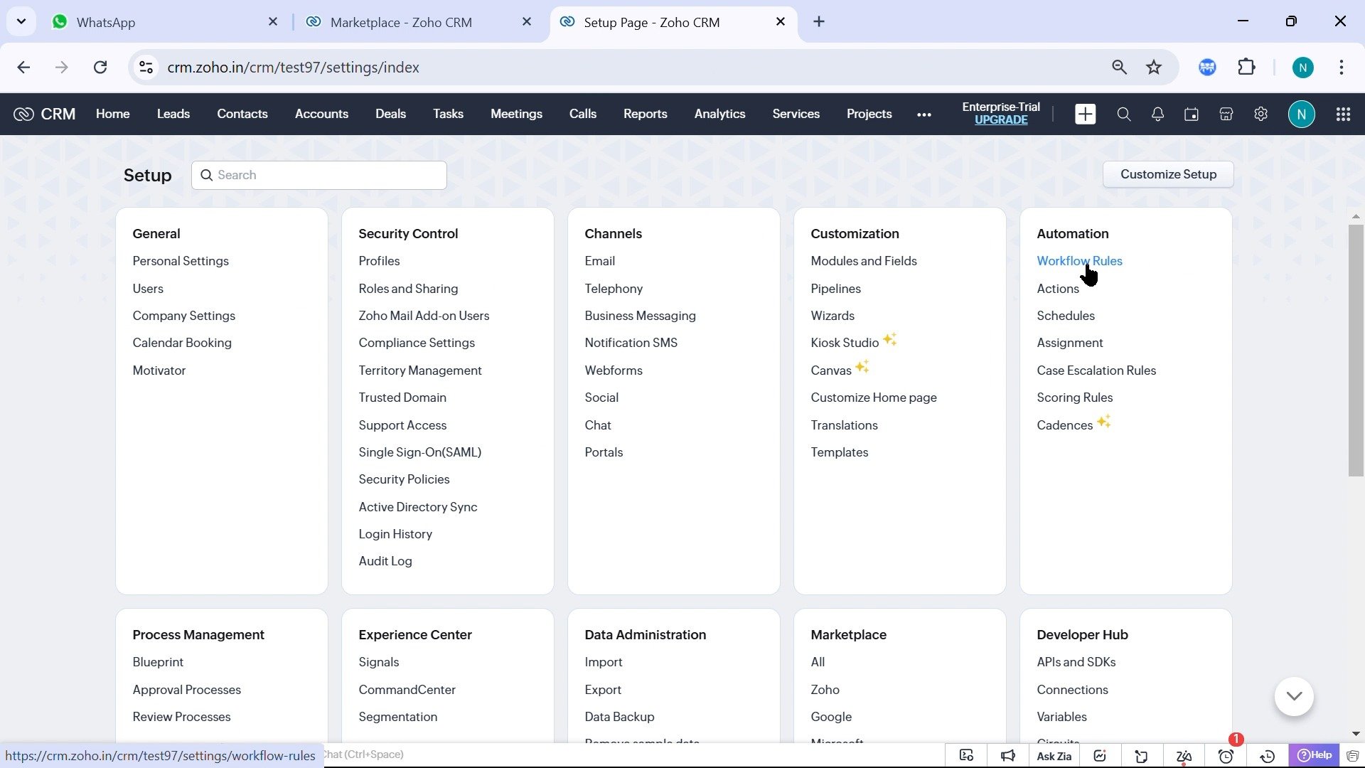 Zoho CRM Setup page with Workflow Rules under Automation