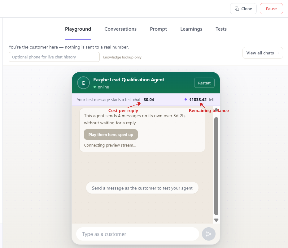 Playground billing bar with arrows pointing to cost per reply and remaining balance