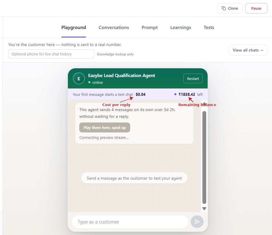 Playground billing bar with arrows pointing to cost per reply and remaining balance