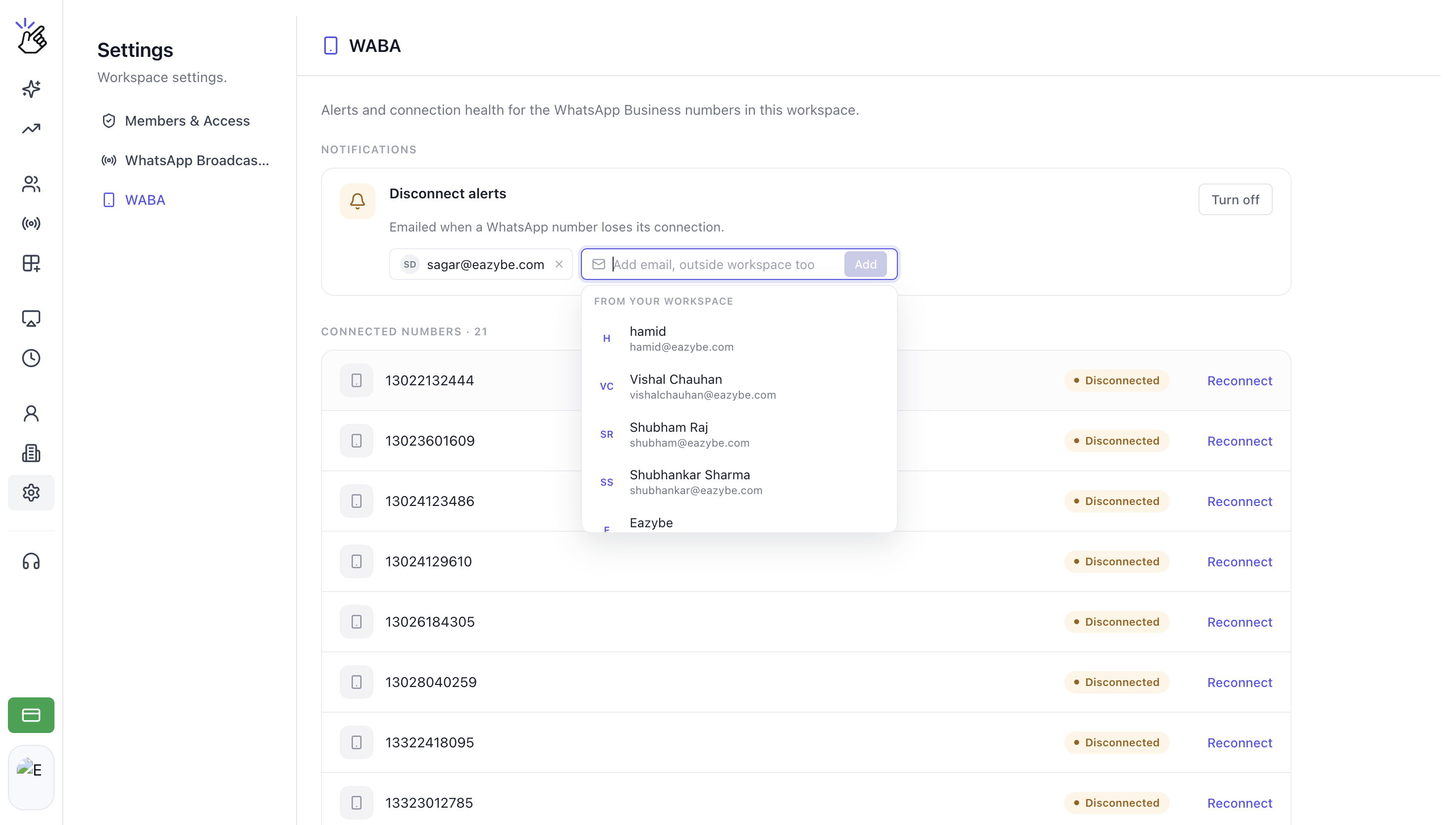 Campo de e-mail e lista de colegas do espaço de trabalho para adicionar destinatários