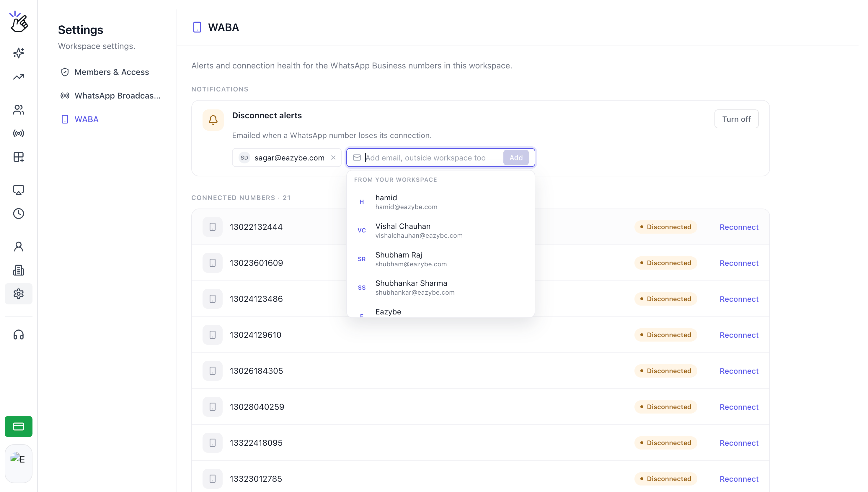 Campo de e-mail e lista de colegas do espaço de trabalho para adicionar destinatários