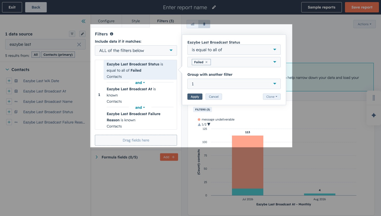 HubSpot report configured with Failed status, known broadcast date, and known failure reason filters