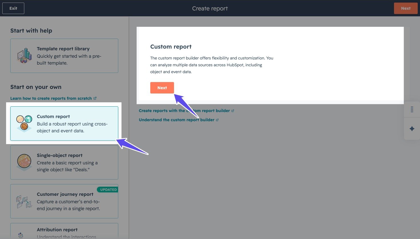 HubSpot Create report page with Custom report selected and the Next button highlighted