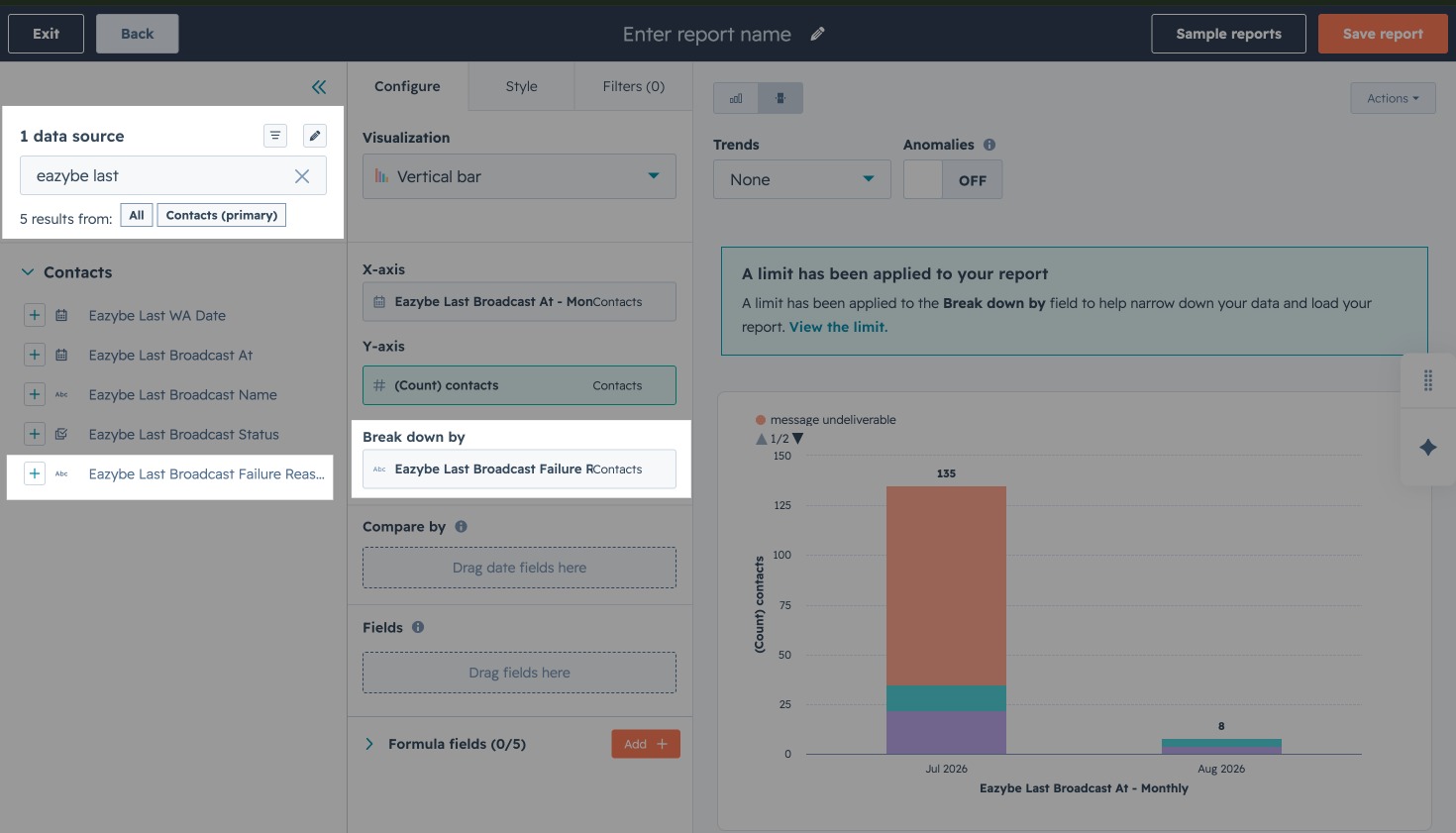 HubSpot custom report builder with Eazybe Last Broadcast Failure Reason added to Break down by