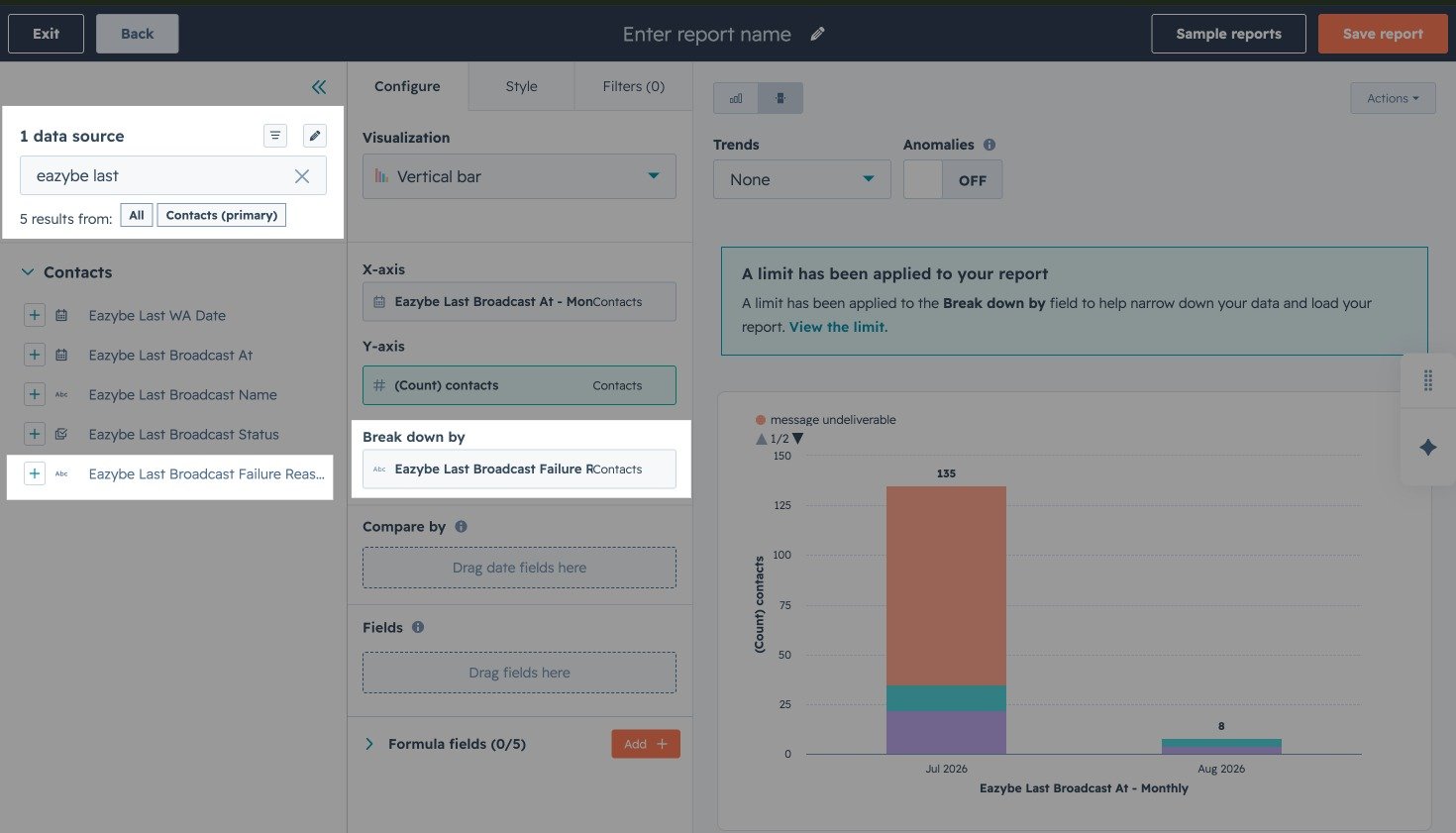 HubSpot custom report builder with Eazybe Last Broadcast Failure Reason added to Break down by