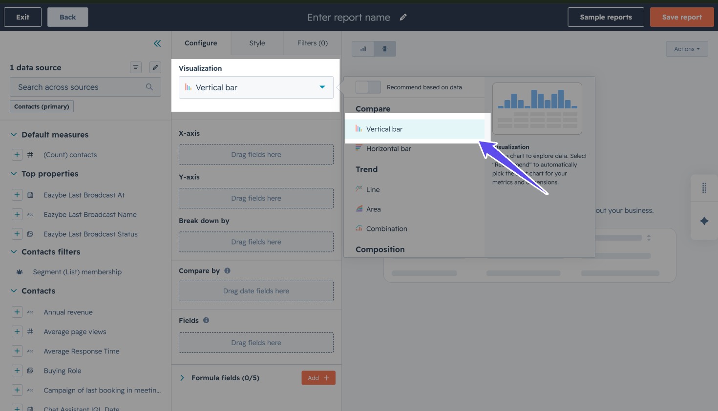 HubSpot custom report builder with Vertical bar selected in the Visualization menu