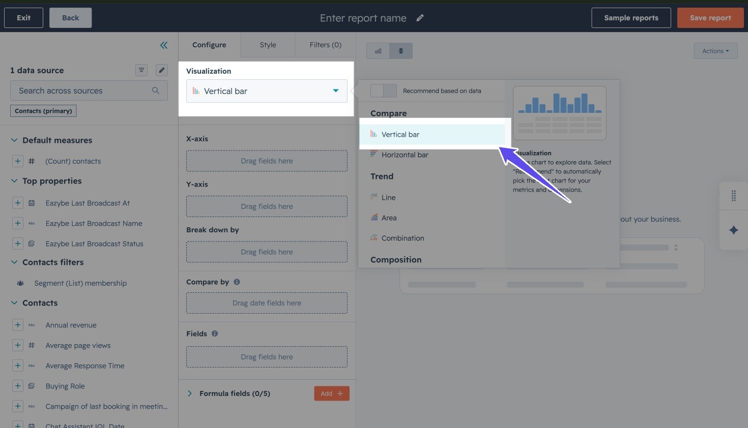 HubSpot custom report builder with Vertical bar selected in the Visualization menu
